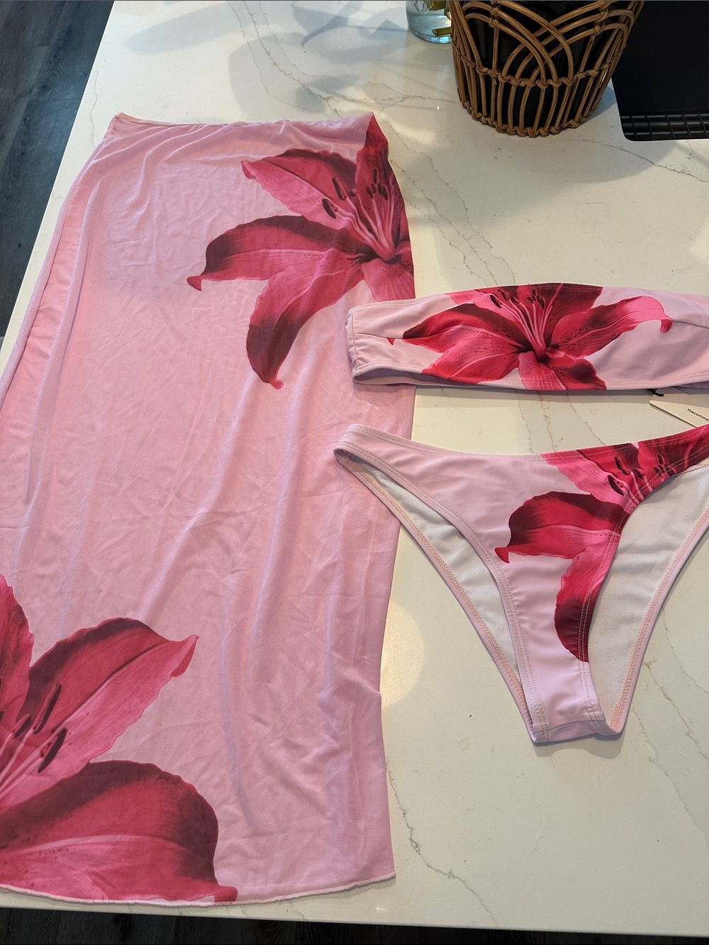 Brand new- Commense Pink Floral Bandeau Bikini Set with matching skirt